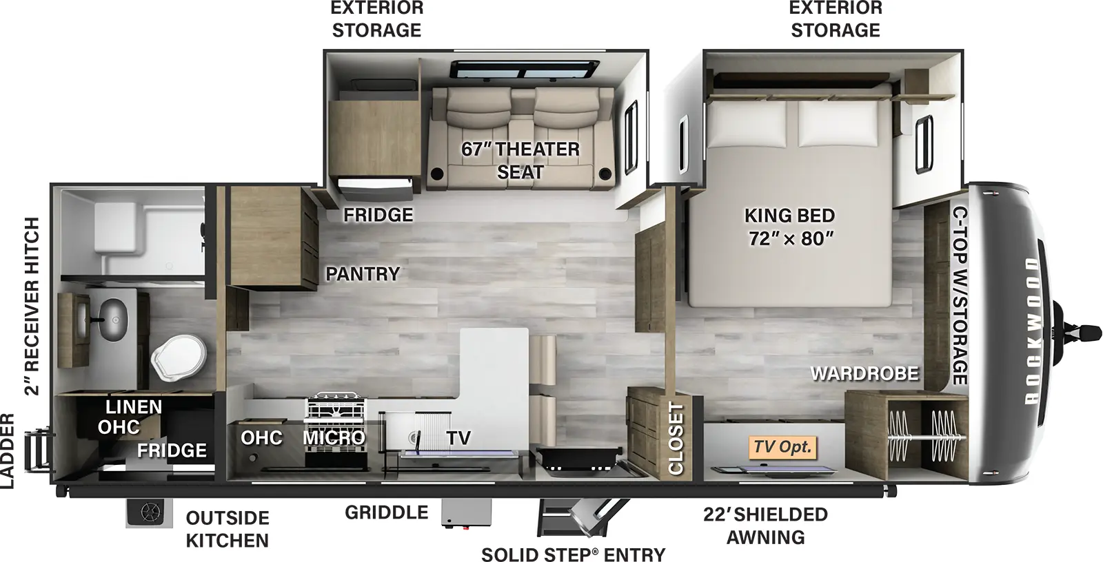 The 8265KBS has two slideouts and one entry. Exterior features 22 foot shielded awning, solid entry step, griddle, outside kitchen with refrigerator, exterior storage, rear ladder, and 2 inch receiver hitch. Interior layout front to back: front countertop with storage, off-door side king bed slideout, door side wardrobe and optional TV; off-door side slideout with theater seat and refrigerator, and a pantry; door side closet, entry, peninsula kitchen counter with seating that wraps to door side with sink, microwave, cooktop and overhead cabinet; rear full bathroom with linen closet.